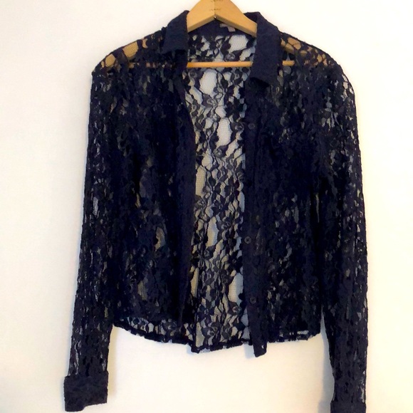 Y2K sheer navy lace button up blouse - Picture 1 of 5